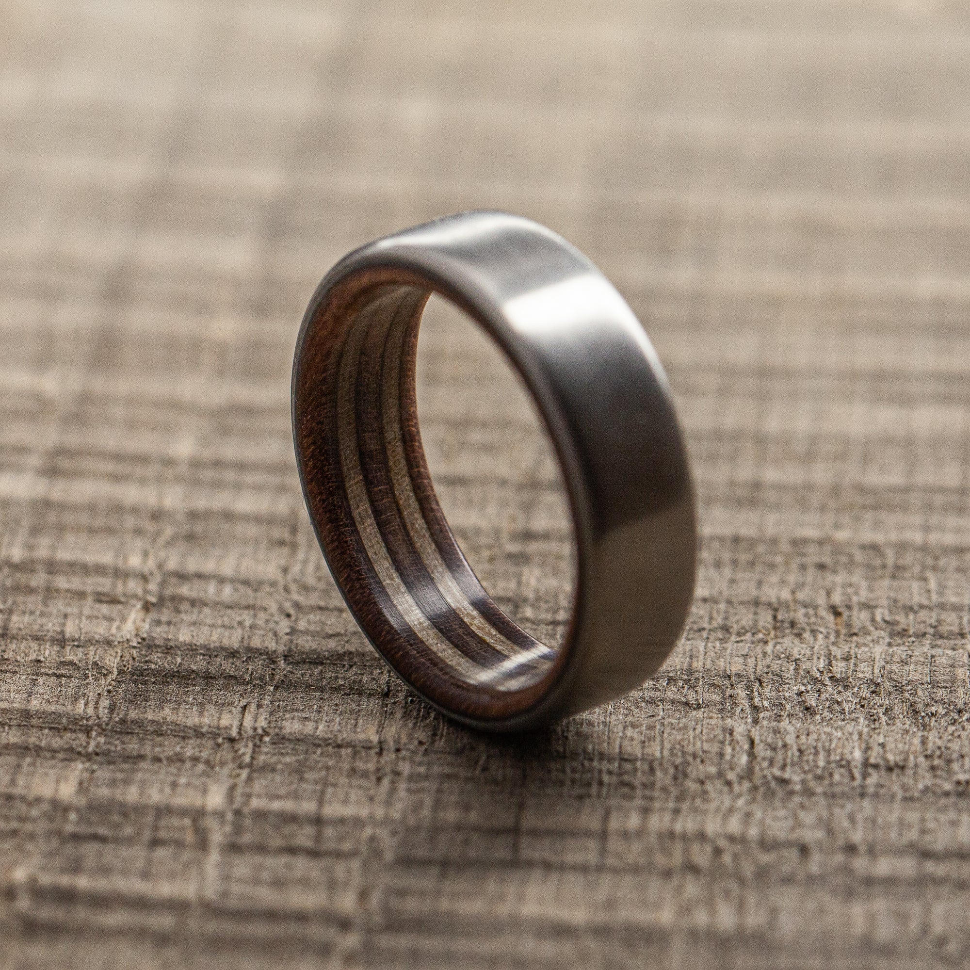 Recycled Skateboards Wooden Ring with Titanium - Eco-Friendly Handcrafted Jewelry - BoardThing