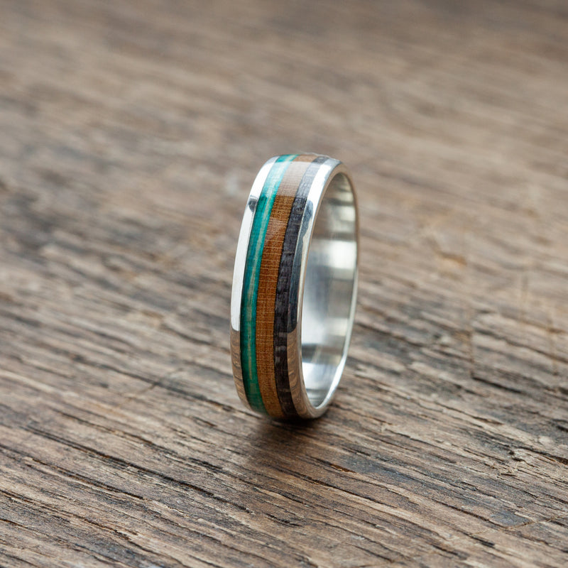 Silver ring colorful stripes turquoise and brown - BoardThing