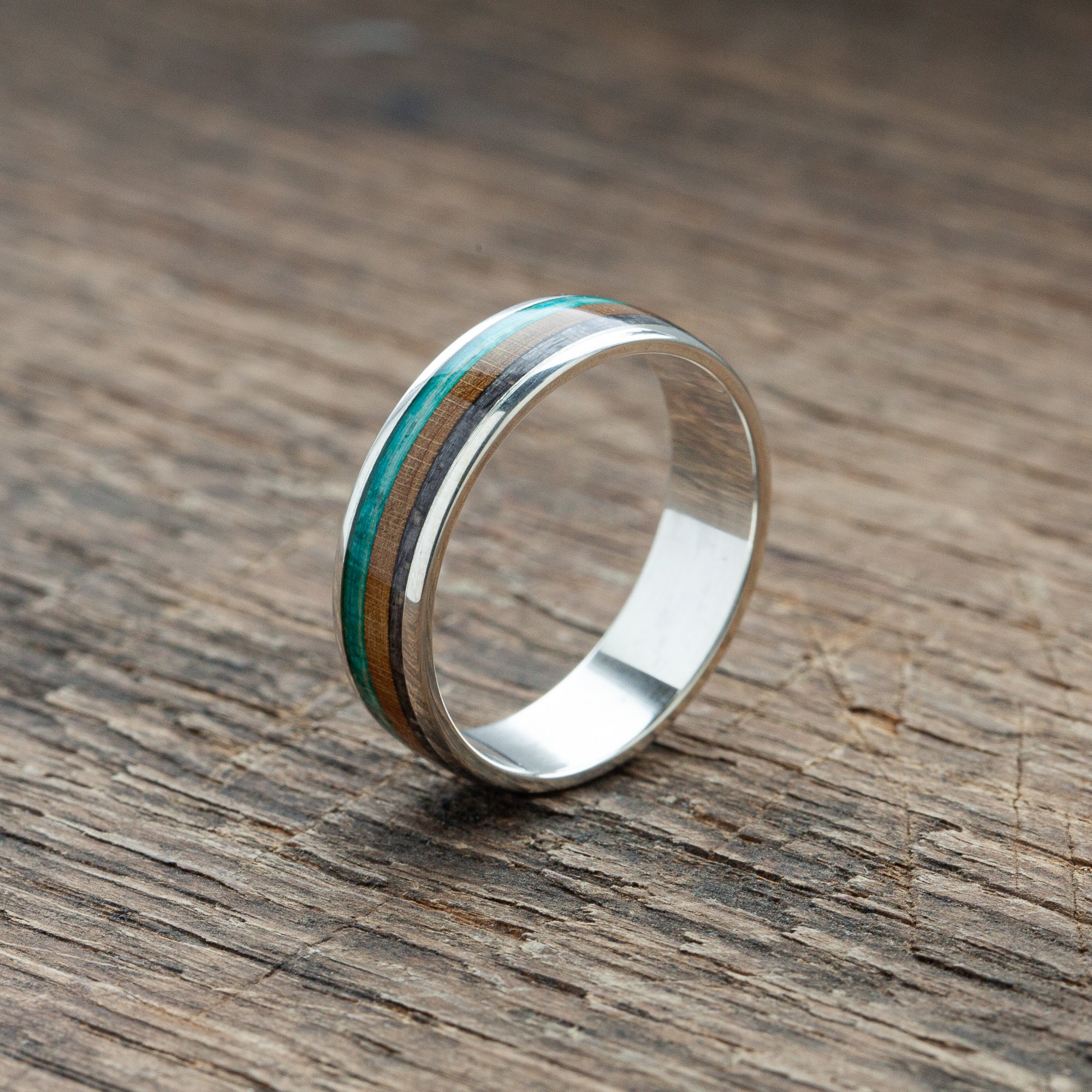 Silver ring colorful stripes turquoise and brown - BoardThing