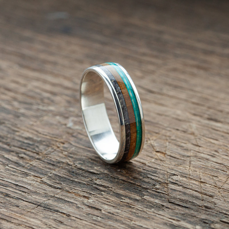 Silver ring colorful stripes turquoise and brown - BoardThing
