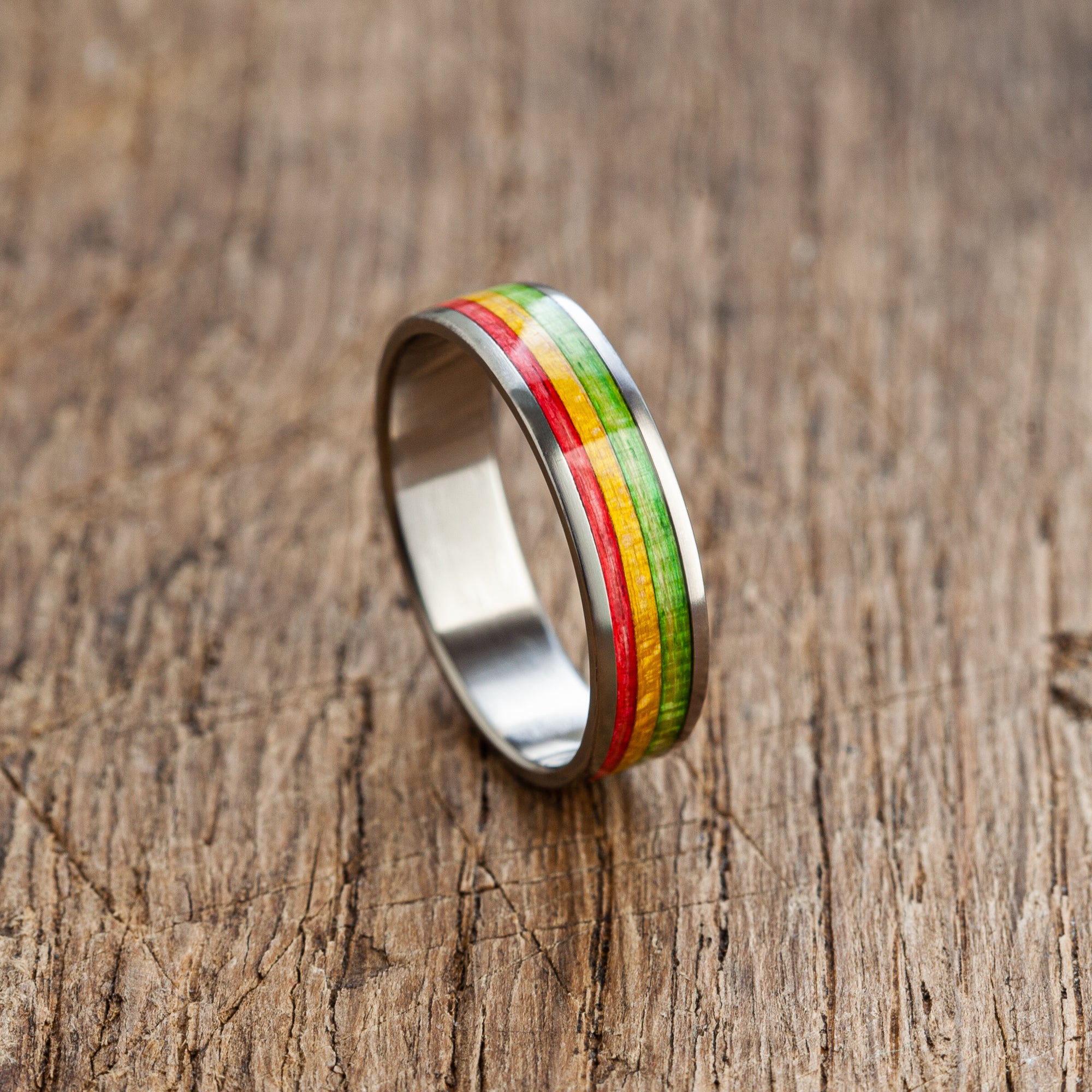 Titanium Rasta Recycled Skateboards Ring - Extra durable - Canadian Maple - Minimalist - Waterproof - Gift Idea - Smoker Gift - BoardThing