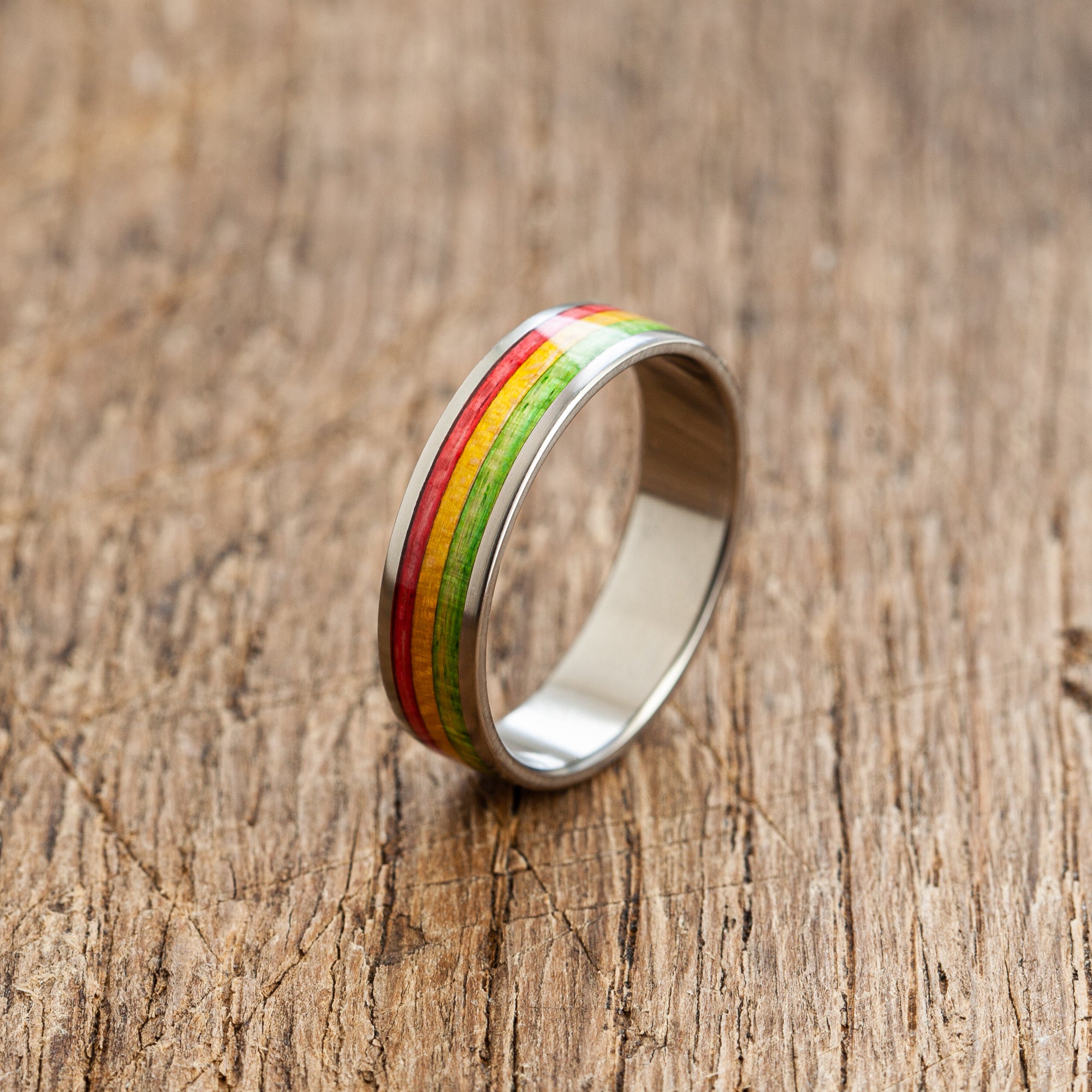 Titanium Rasta Recycled Skateboards Ring - Extra durable - Canadian Maple - Minimalist - Waterproof - Gift Idea - Smoker Gift - BoardThing