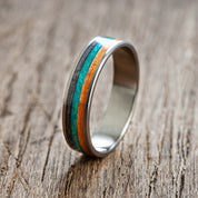 Titanium Turquoise Orange Wooden Ring