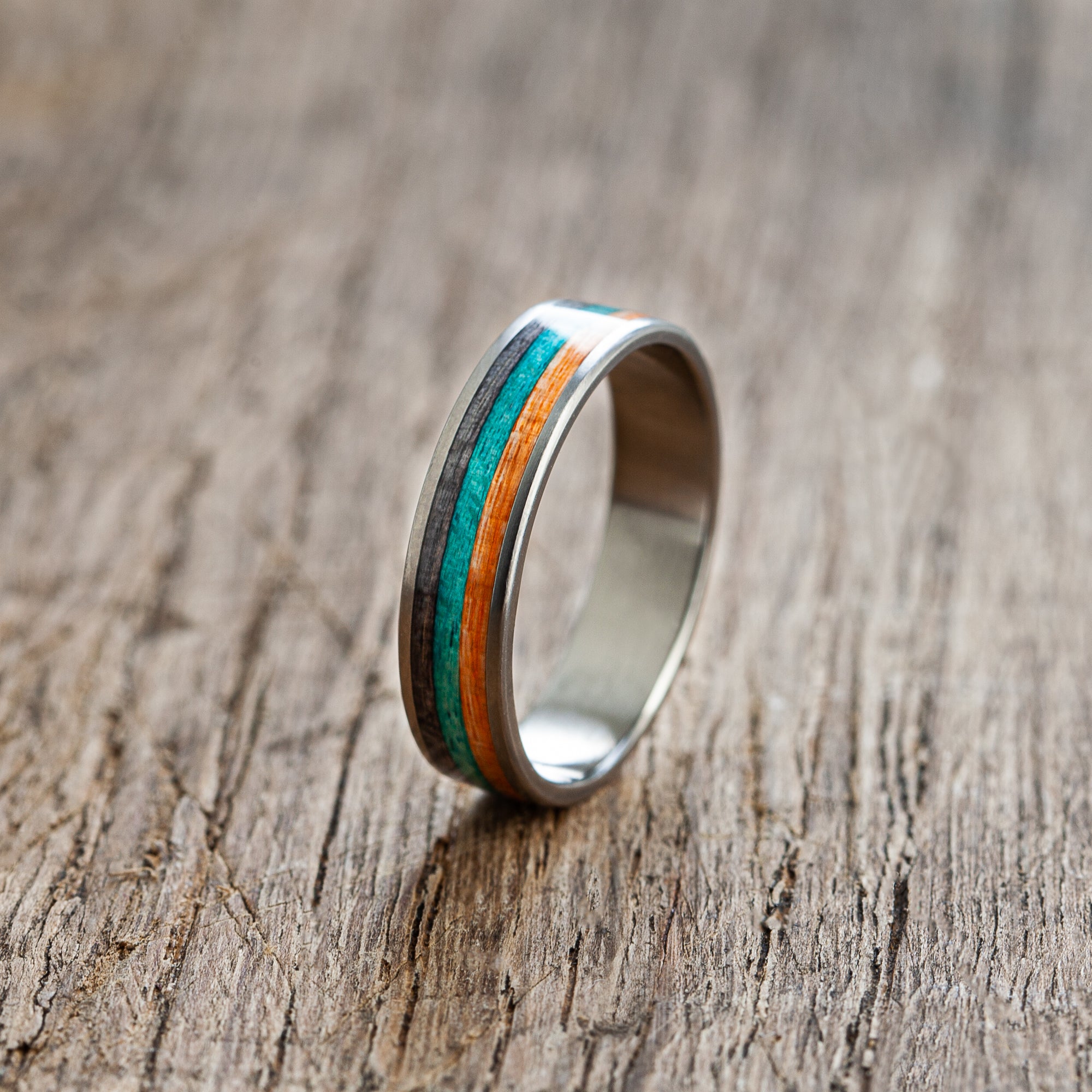 Titanium Turquoise Orange Wooden Ring