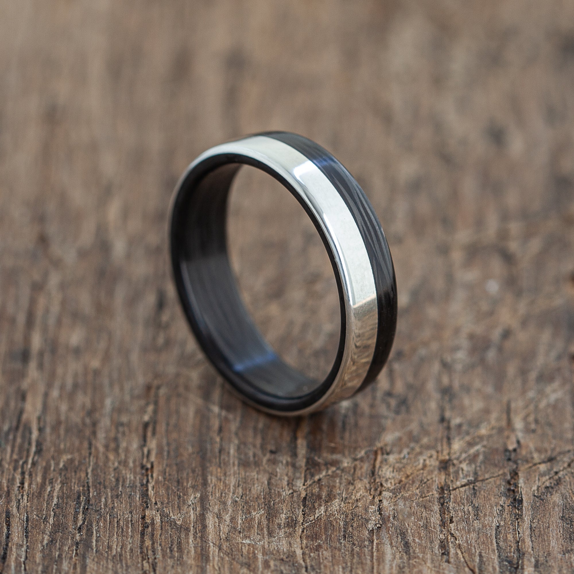 Black recycled carbon and silver ring | extra durable | custom width | matte or glossy | black gift | classy wedding band | warranty