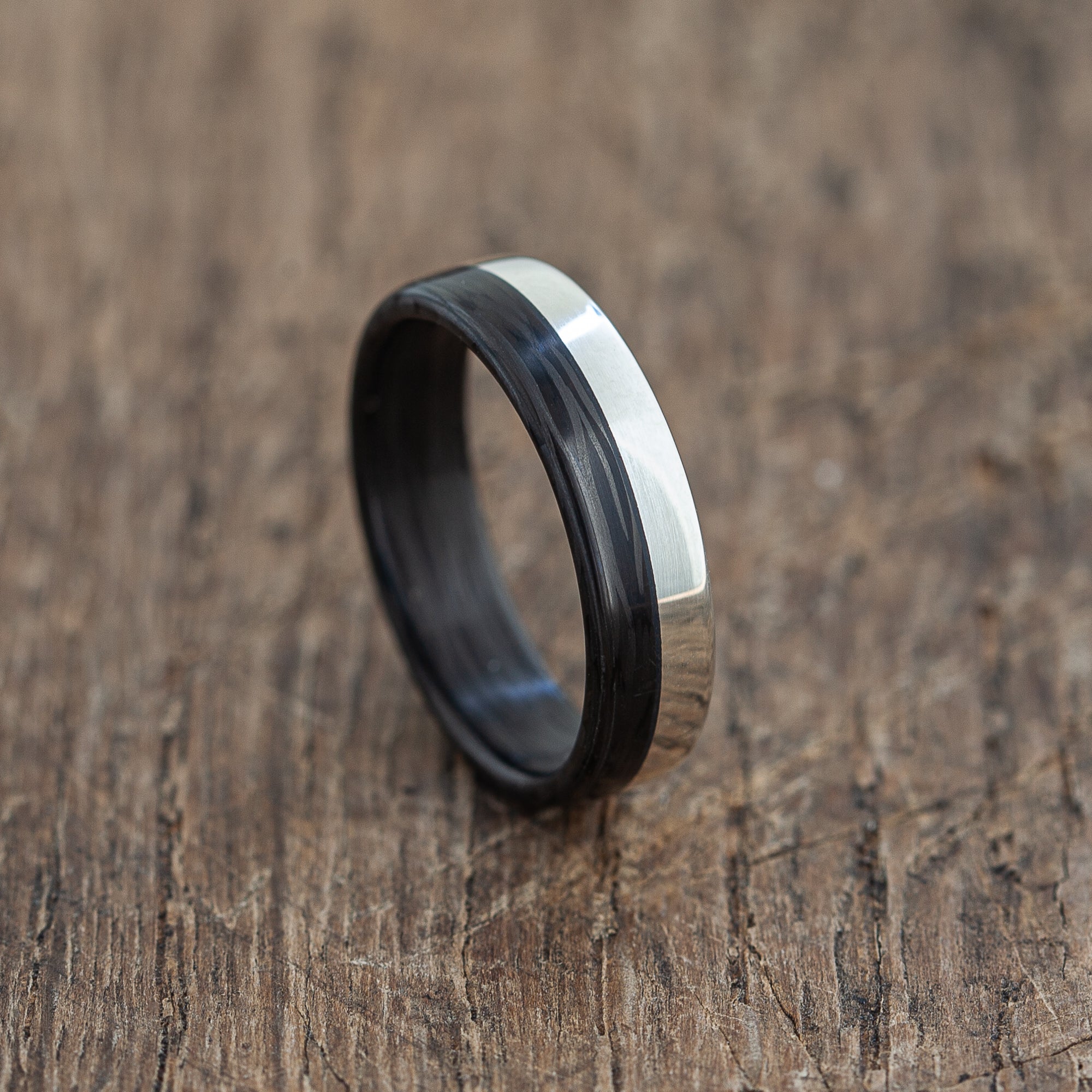 Black recycled carbon and silver ring | extra durable | custom width | matte or glossy | black gift | classy wedding band | warranty