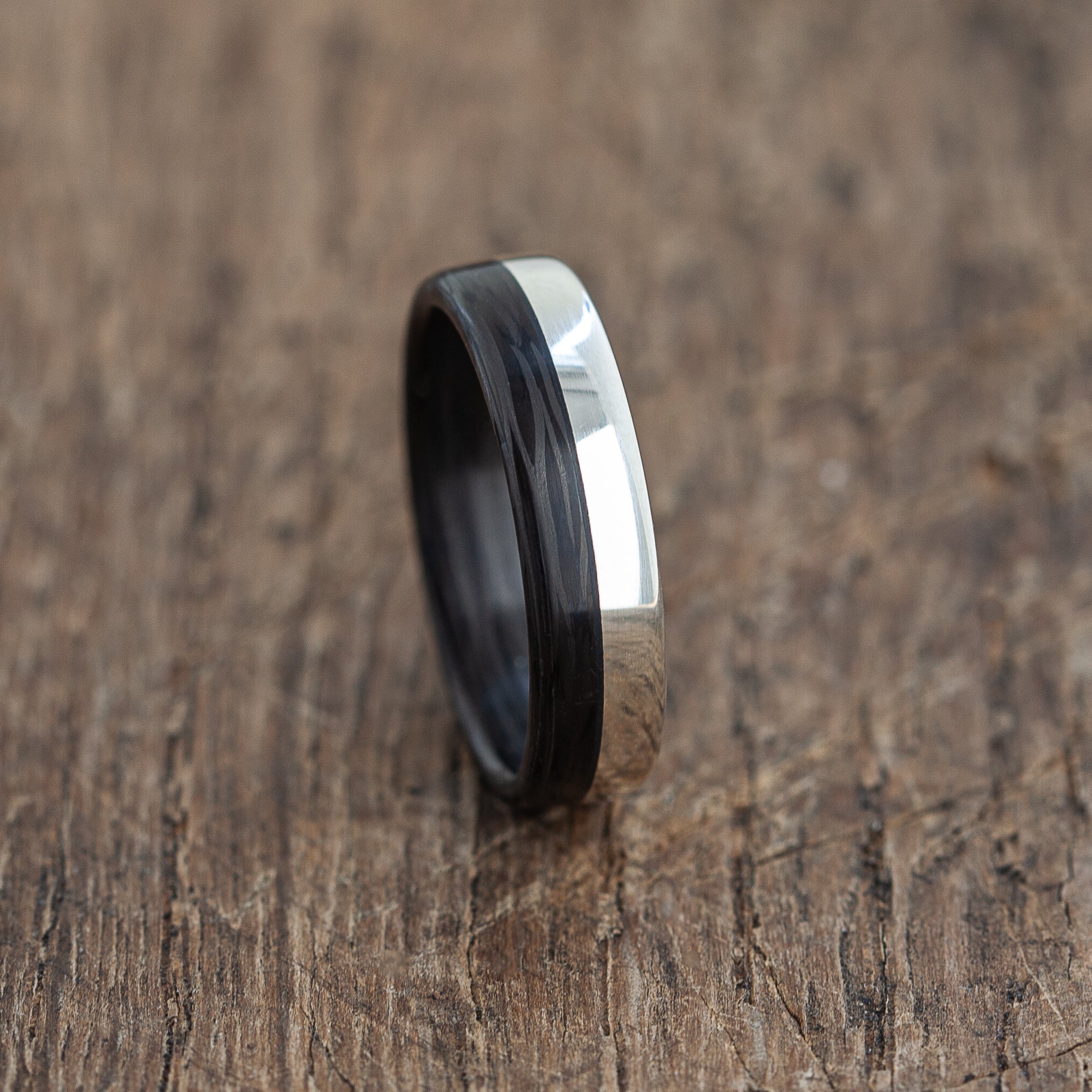 Black recycled carbon and silver ring | extra durable | custom width | matte or glossy | black gift | classy wedding band | warranty