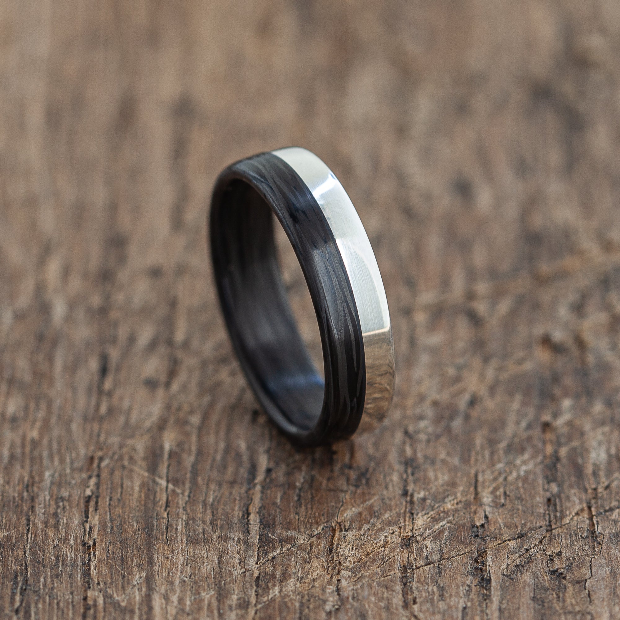 Black recycled carbon and silver ring | extra durable | custom width | matte or glossy | black gift | classy wedding band | warranty