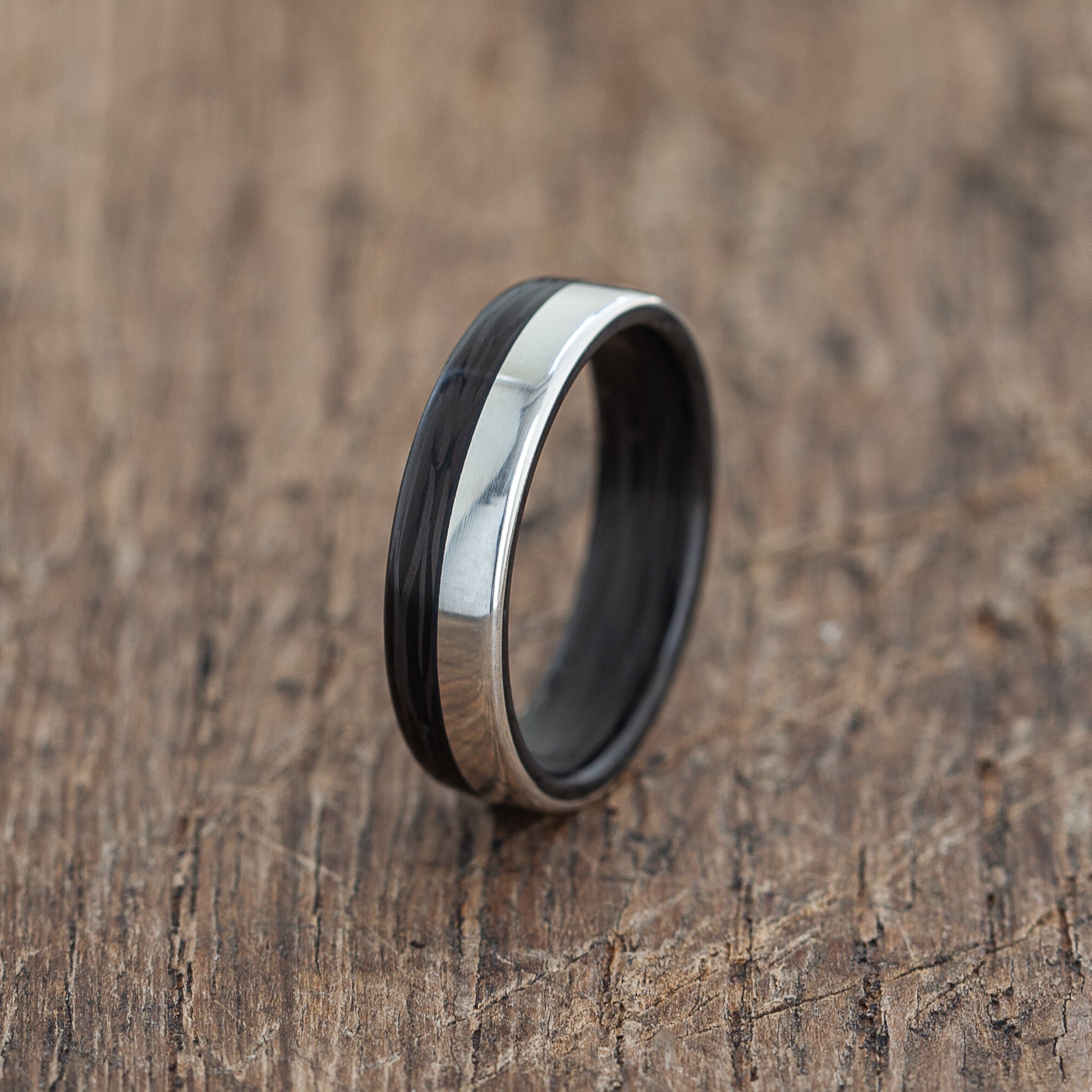 Black recycled carbon and silver ring | extra durable | custom width | matte or glossy | black gift | classy wedding band | warranty