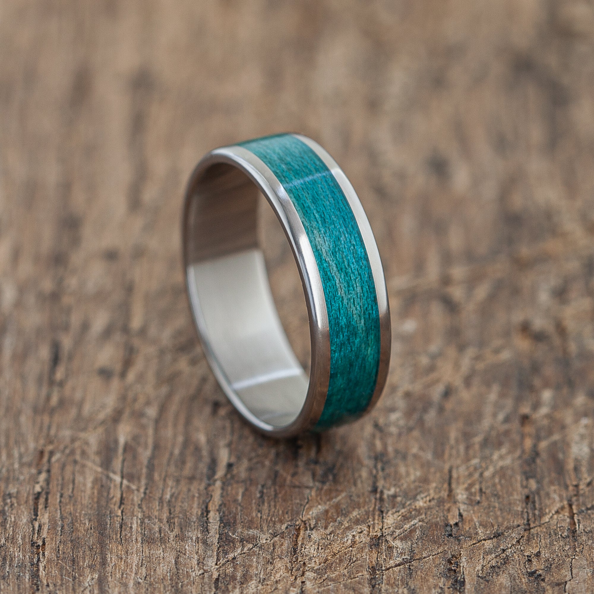 Handcrafted Titanium Ring with Turquoise Recycled Maple Skateboards | Custom Engraved | Durable, Lightweight, Waterproof | Free Wooden Box