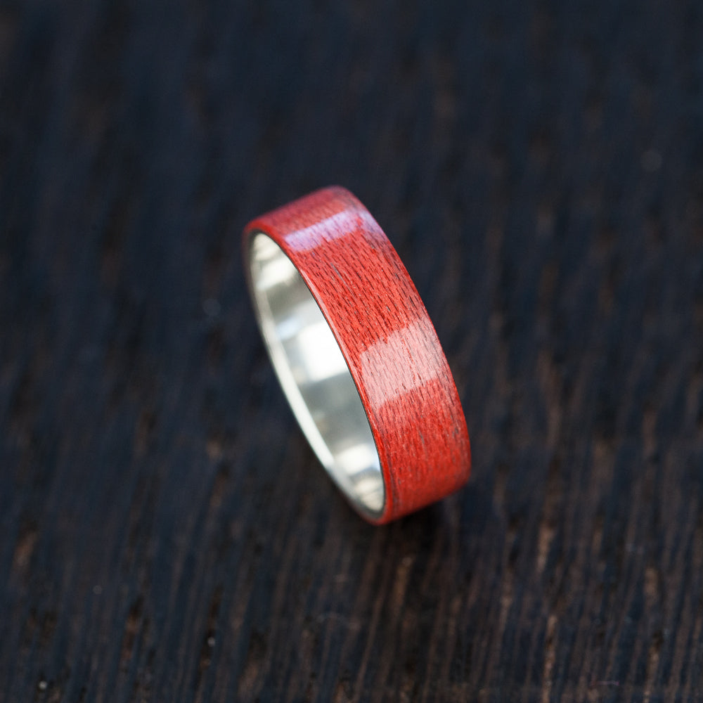 Red Recycled Skateboard Bentwood and Silver Ring - BoardThing