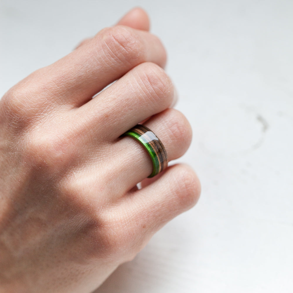 Green wood & silver skateboard ring - BoardThing