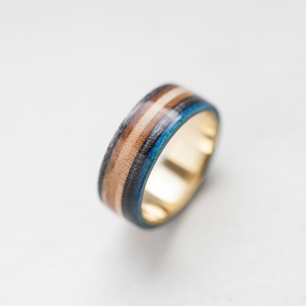 14K GOLD BLUE BLACK WOODEN RING - BoardThing