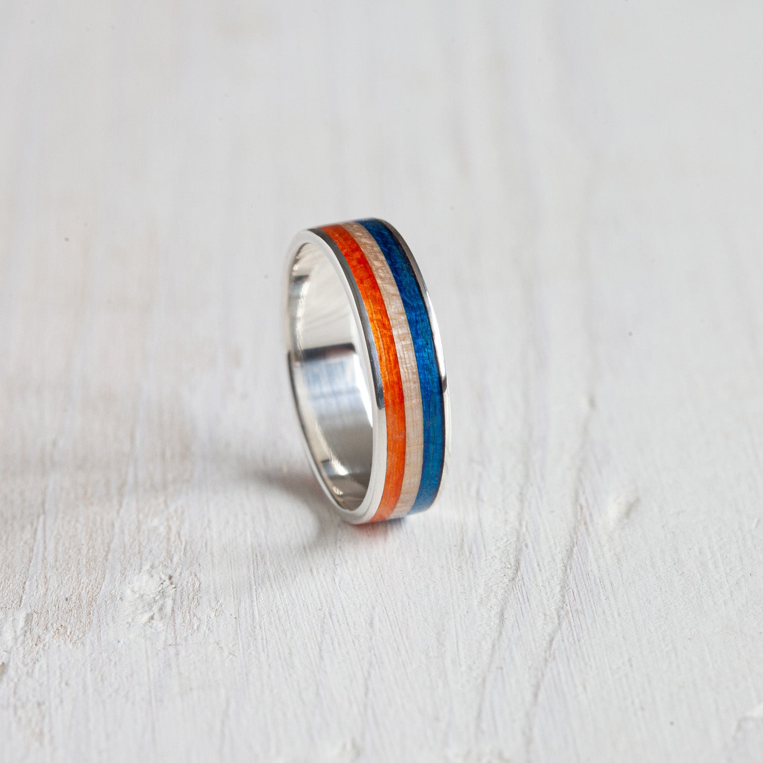 Silver ring colorful stripes blue and orange - BoardThing