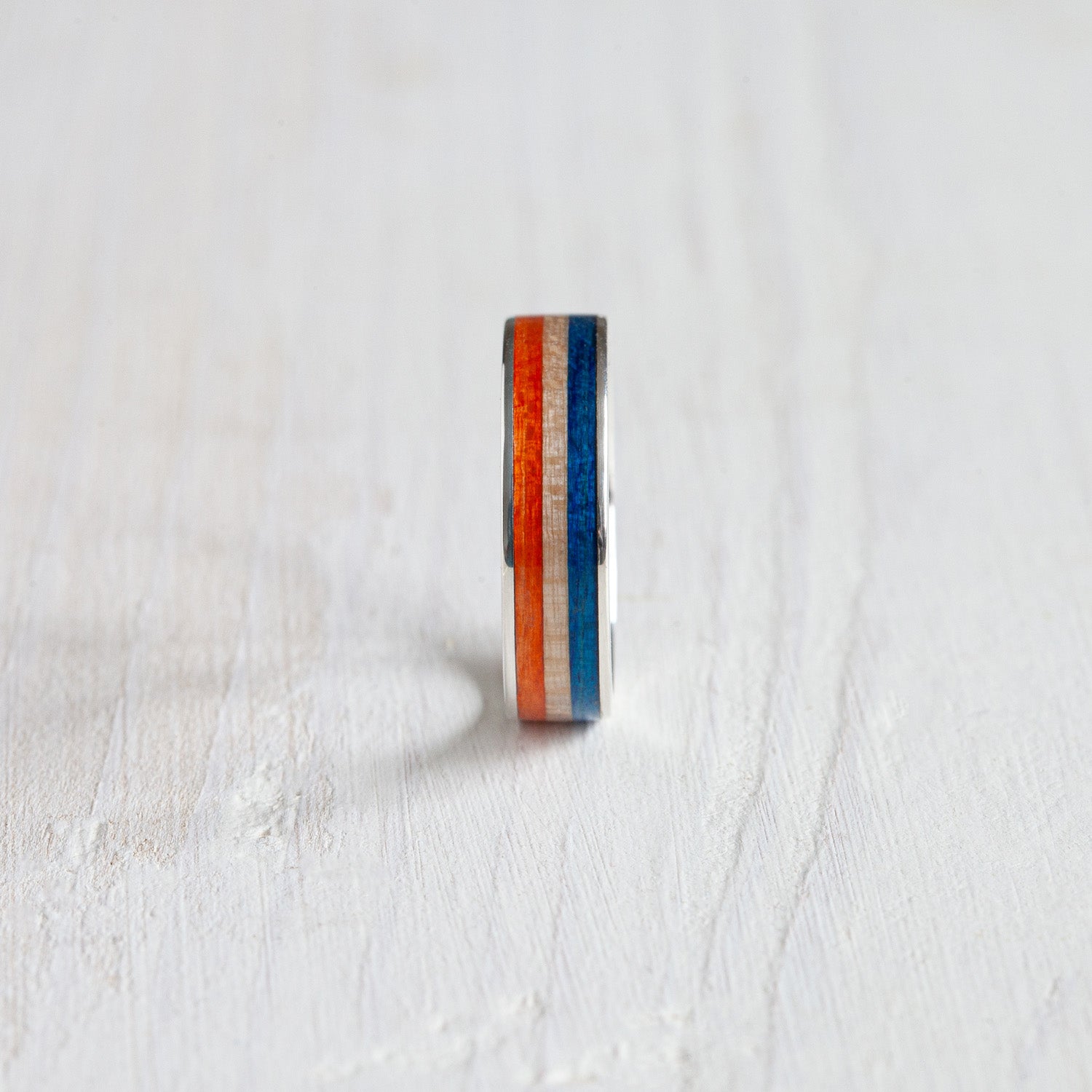 Silver ring colorful stripes blue and orange - BoardThing