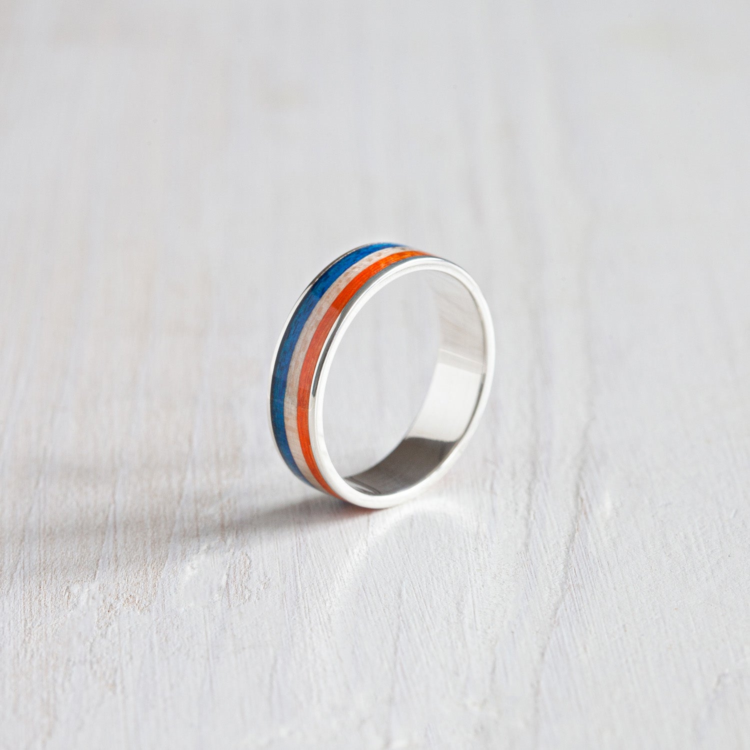 Silver ring colorful stripes blue and orange - BoardThing