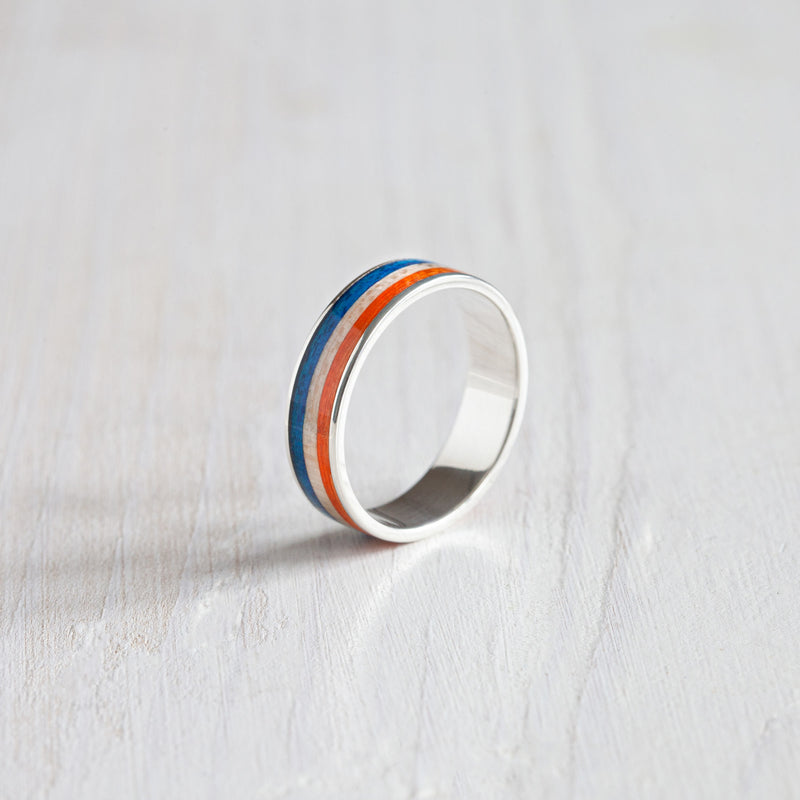 Silver ring colorful stripes blue and orange - BoardThing