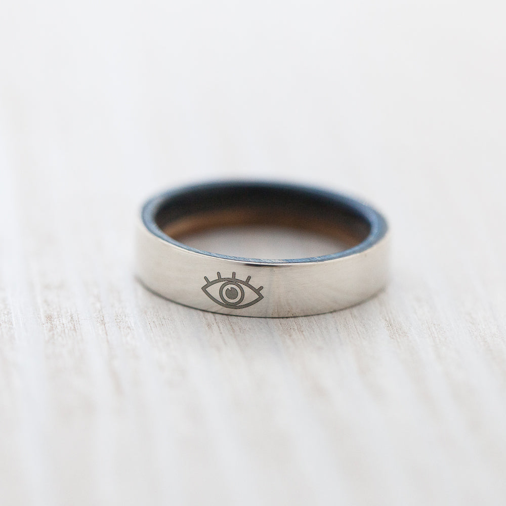 BoardThing Eye engraving on silver & wooden skateboard ring - BoardThing