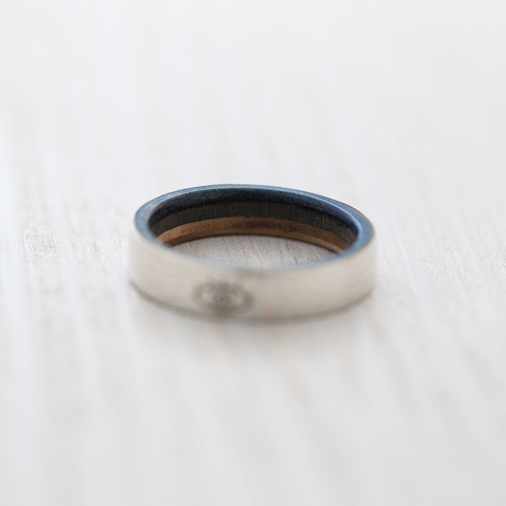 BoardThing Eye engraving on silver & wooden skateboard ring - BoardThing