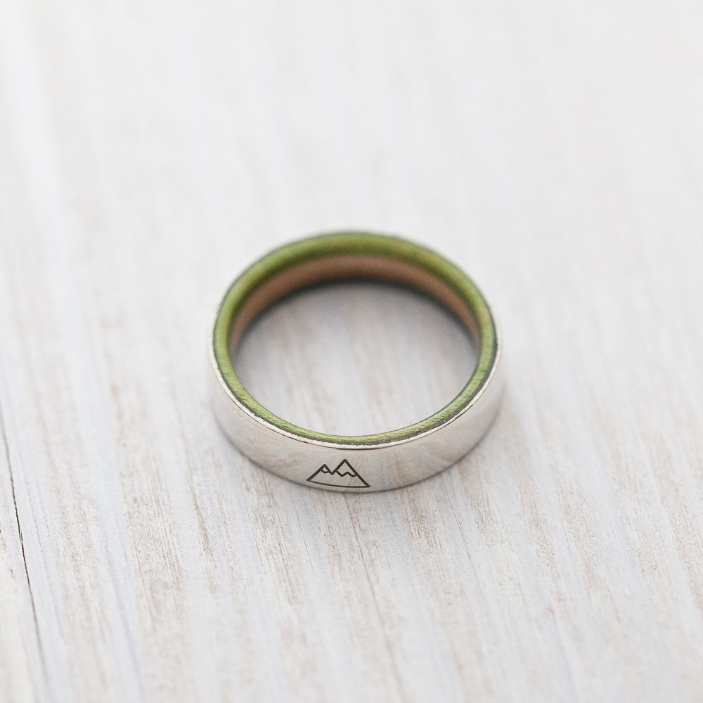 Mountain engraving on silver & wooden skateboard ring - BoardThing