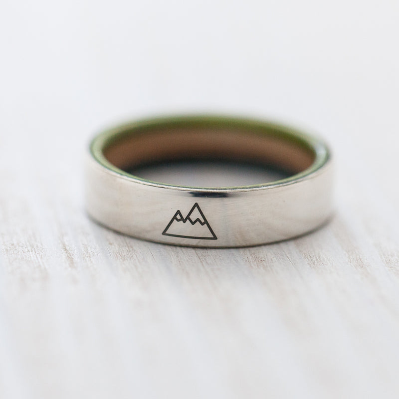 Mountain engraving on silver & wooden skateboard ring - BoardThing