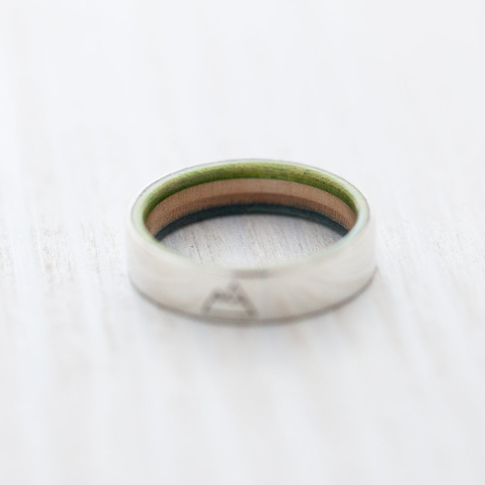 Mountain engraving on silver & wooden skateboard ring - BoardThing