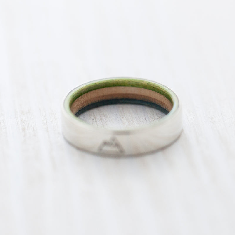 Mountain engraving on silver & wooden skateboard ring - BoardThing