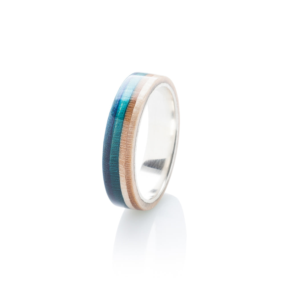 Orange - wooden - blue wood & silver skateboard ring - BoardThing