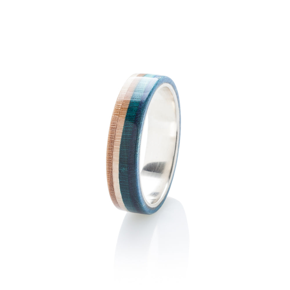 Orange - wooden - blue wood & silver skateboard ring - BoardThing