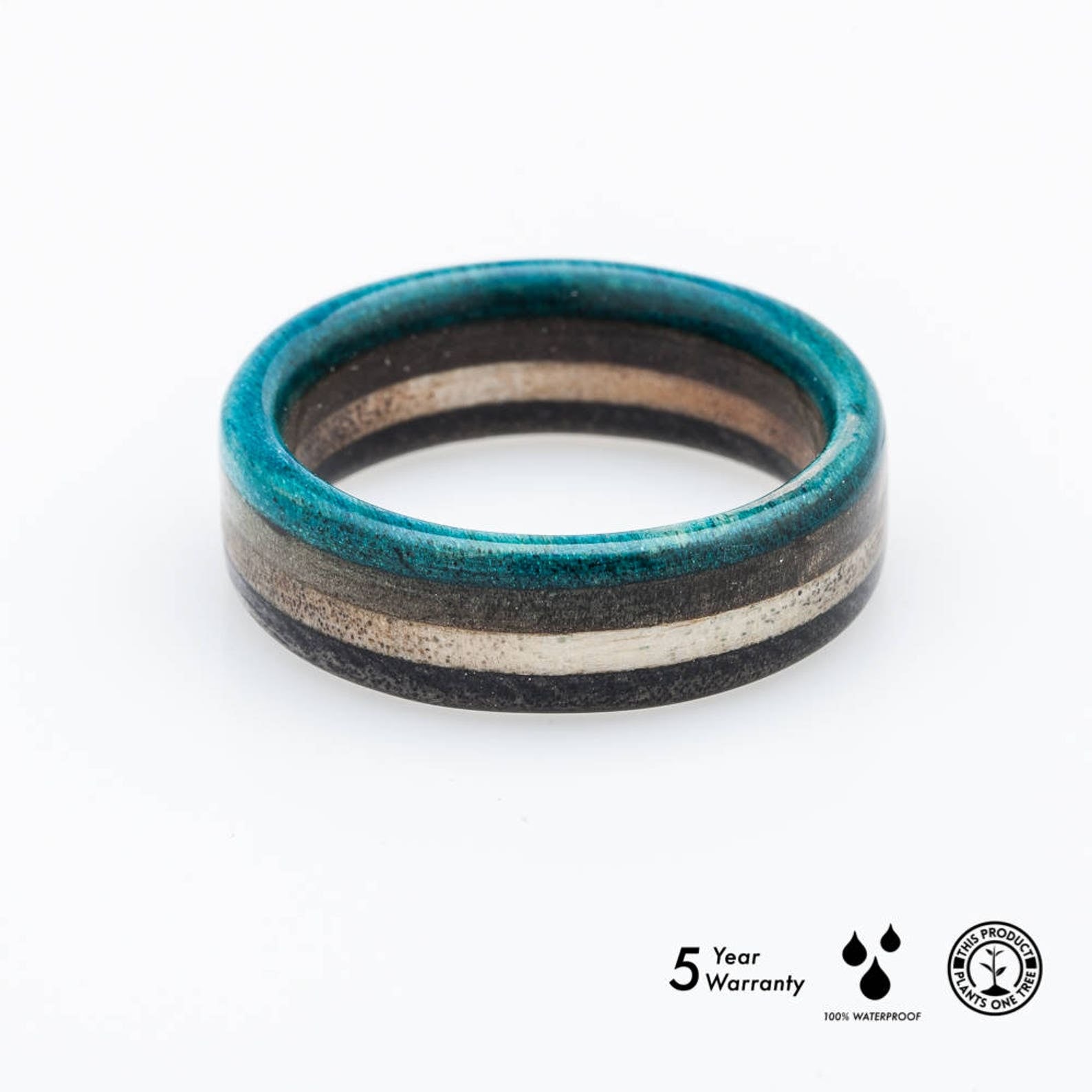 Blue Grey wooden recycled skateboard ring - BoardThing