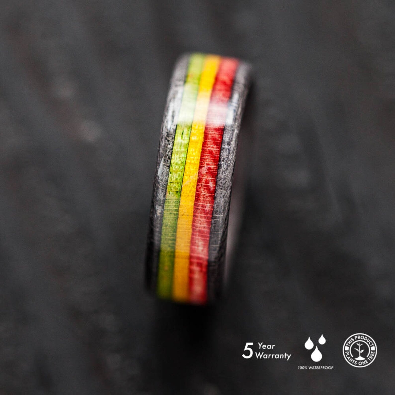 Rasta - wooden - recycled skateboard ring - BoardThing