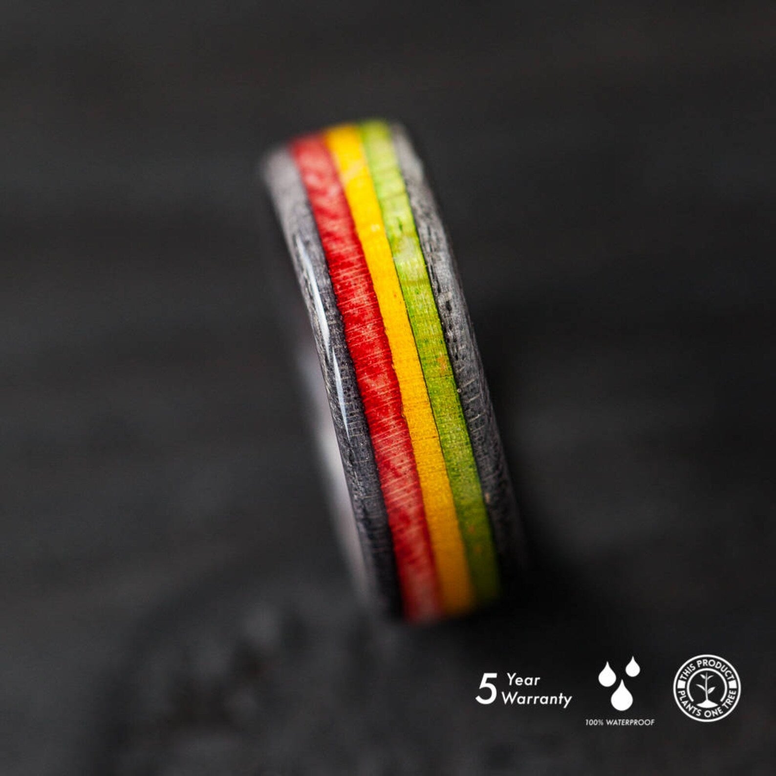 Rasta - wooden - recycled skateboard ring - BoardThing