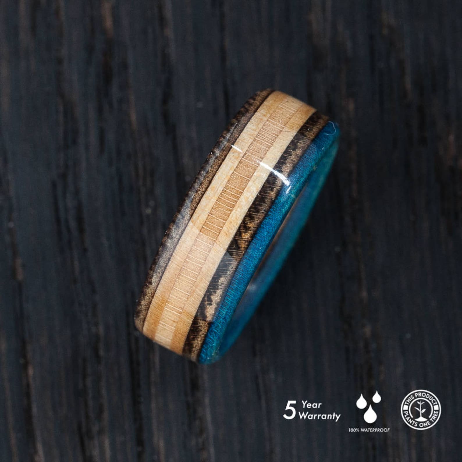 Blue - wooden - brown recycled skateboard ring - BoardThing