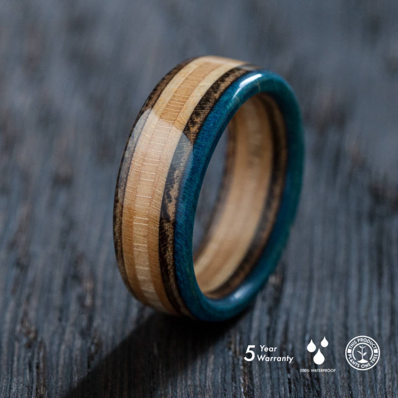 Blue - wooden - brown recycled skateboard ring - BoardThing