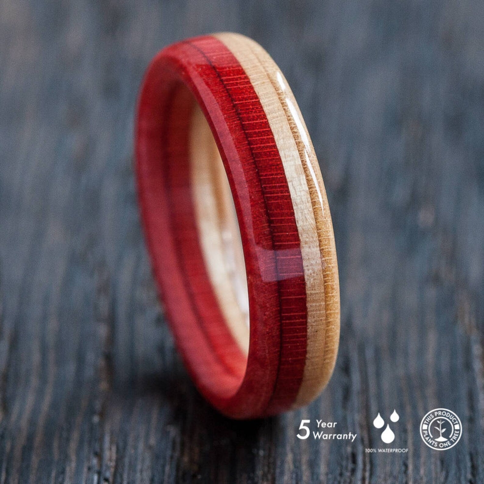 Red and natural wood recycled skateboard ring - BoardThing