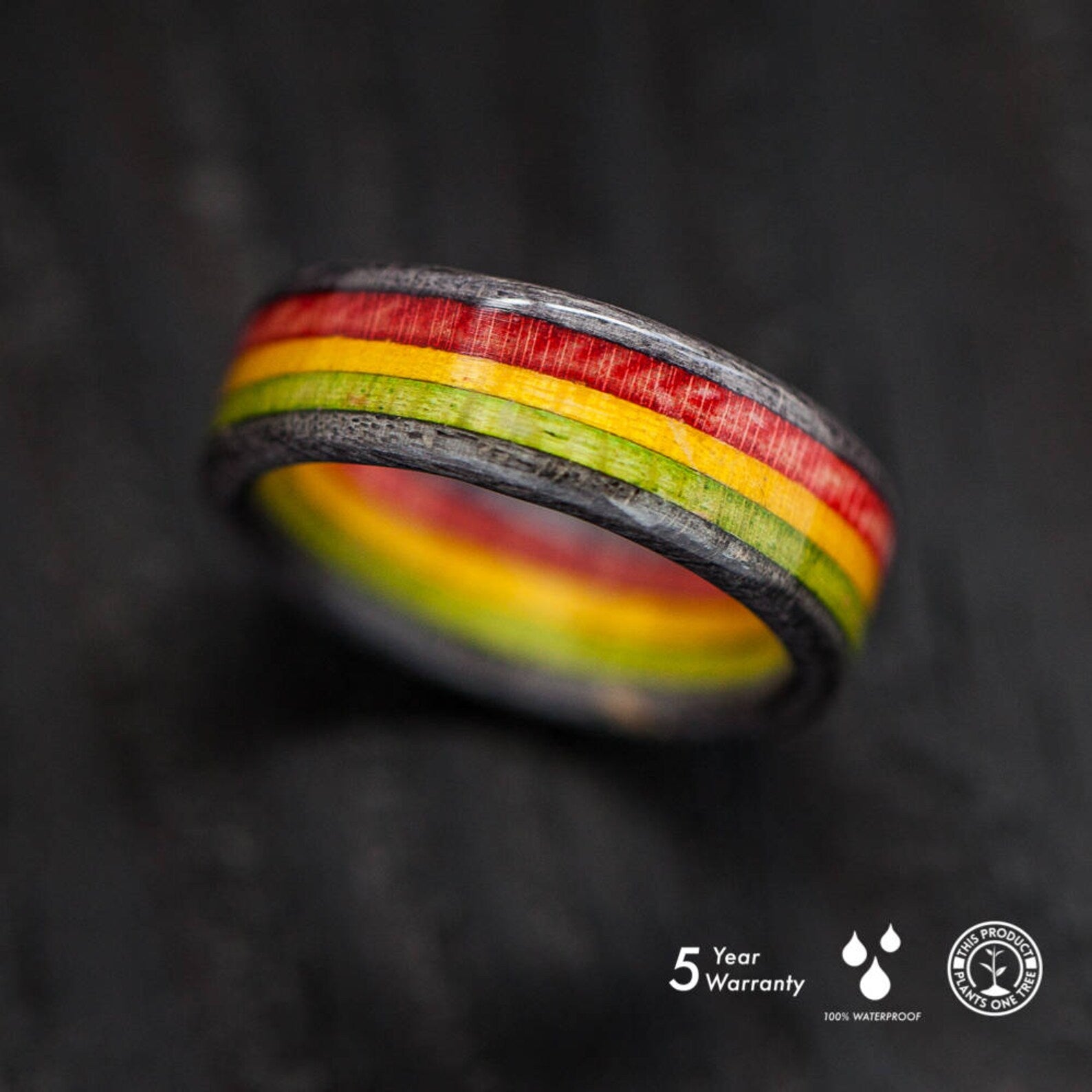 Rasta - wooden - recycled skateboard ring - BoardThing