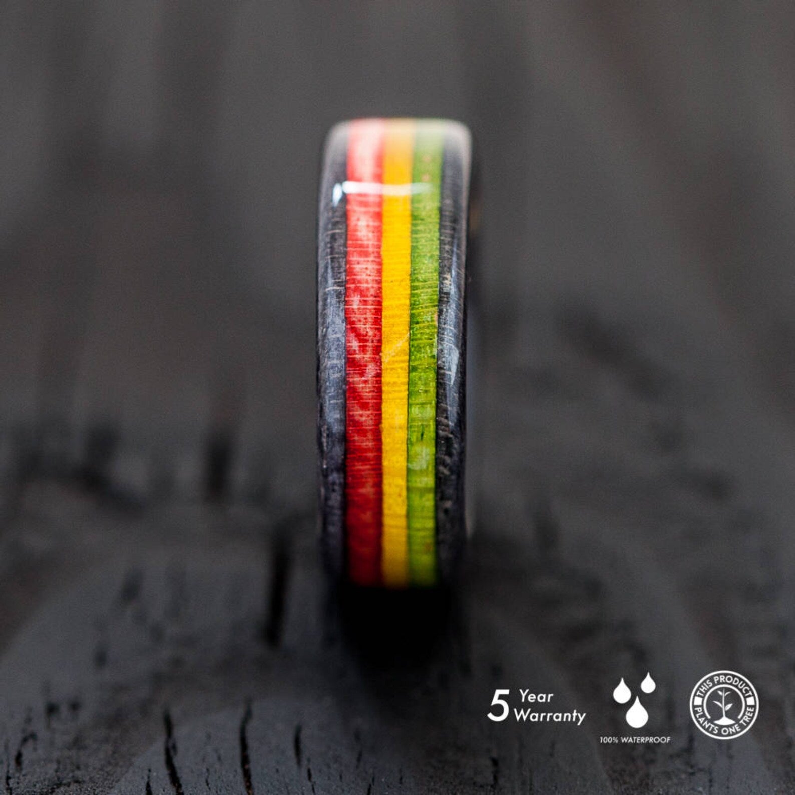 Rasta - wooden - recycled skateboard ring - BoardThing