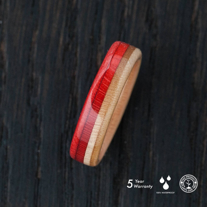 Red and natural wood recycled skateboard ring - BoardThing