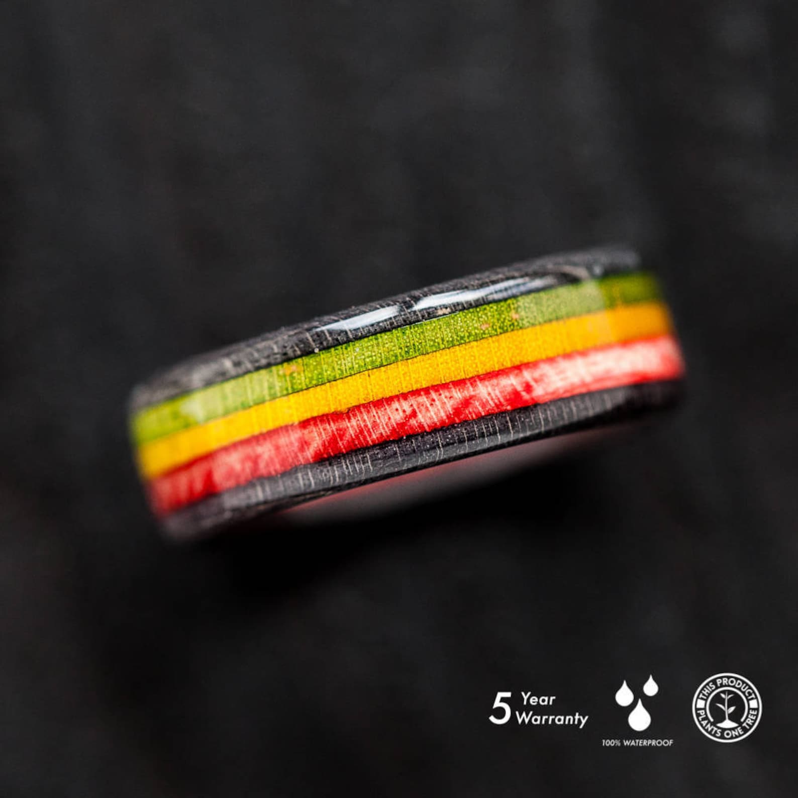 Rasta - wooden - recycled skateboard ring - BoardThing