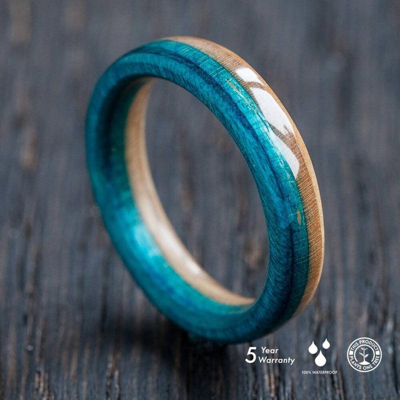 Natural wood and blue recycled skateboard ring - BoardThing