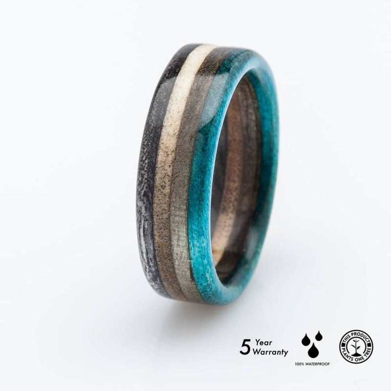 Blue Grey wooden recycled skateboard ring - BoardThing