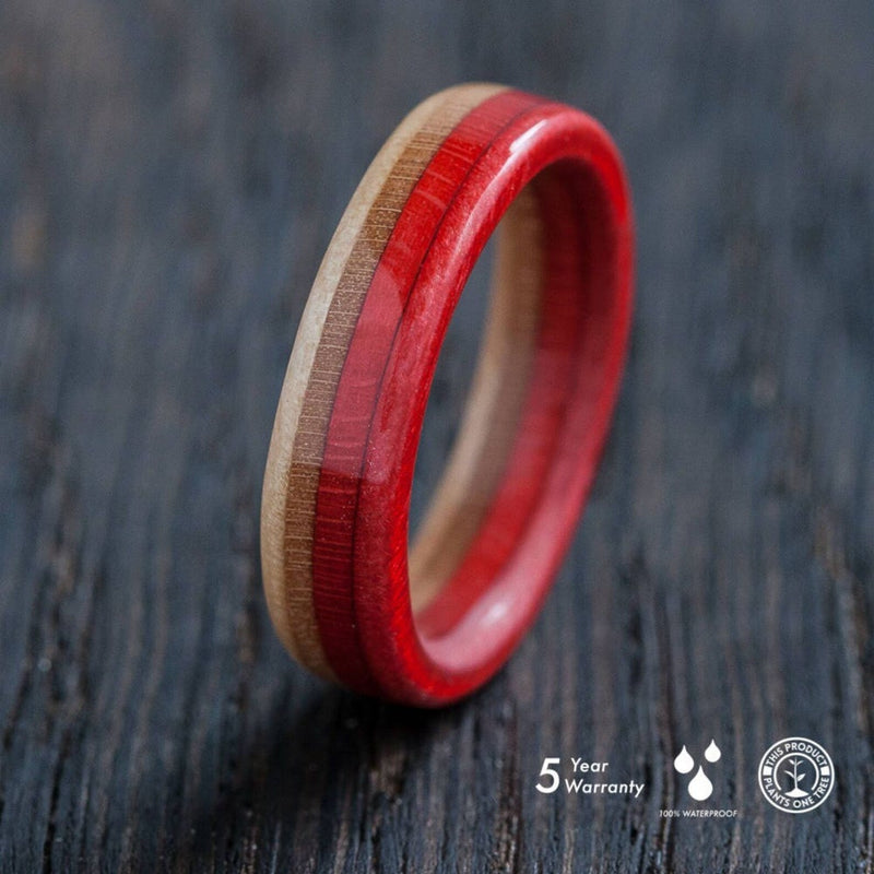 Red and natural wood recycled skateboard ring - BoardThing