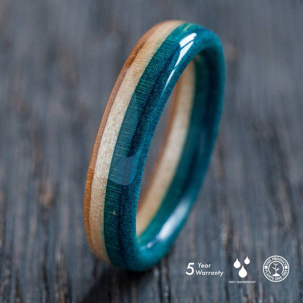 Natural wood and blue recycled skateboard ring - BoardThing